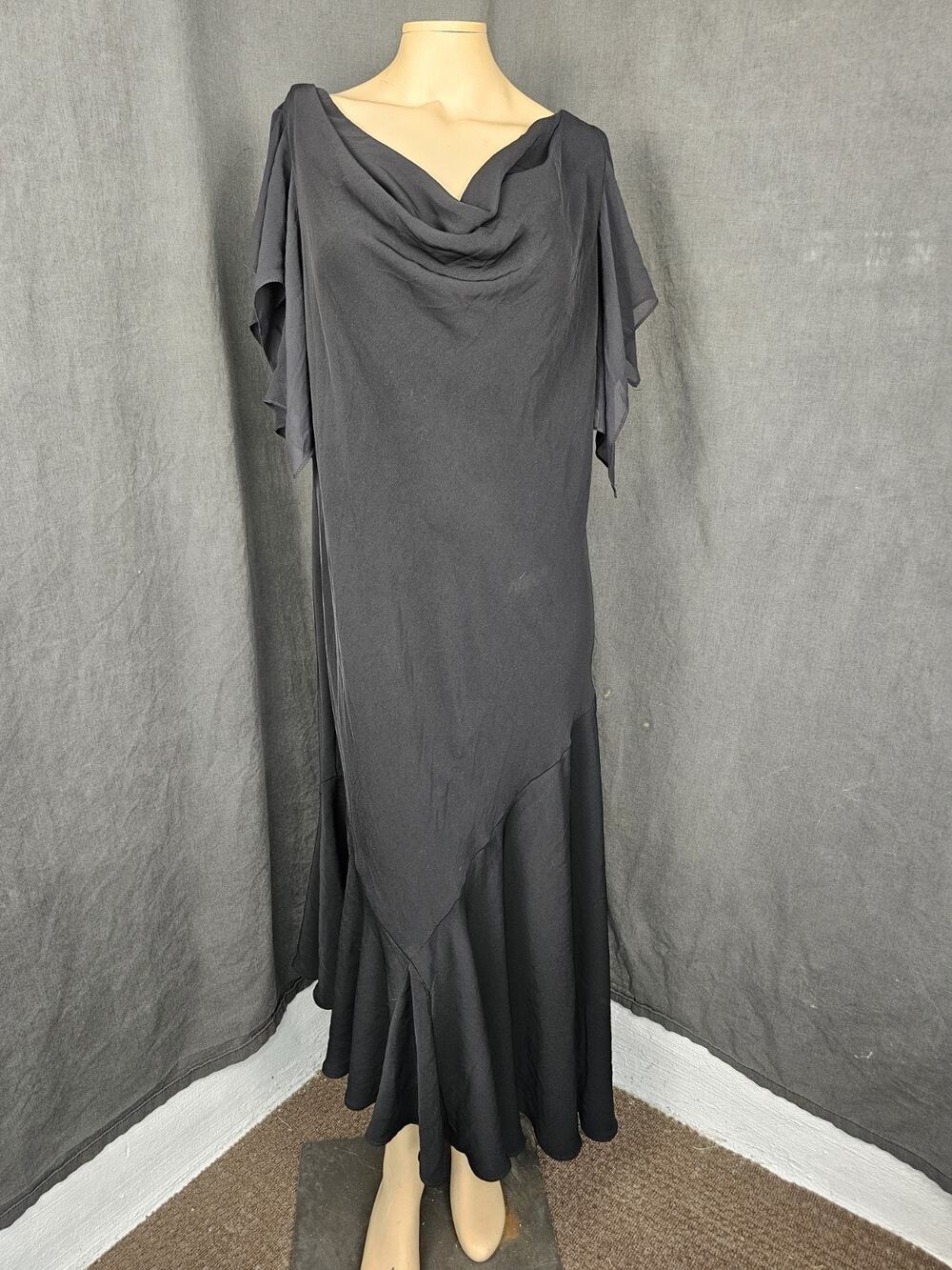 Vintage Black Cowl Neck Chiffon Dress 14W Plus Size Handkerchief Asymmetric Gown